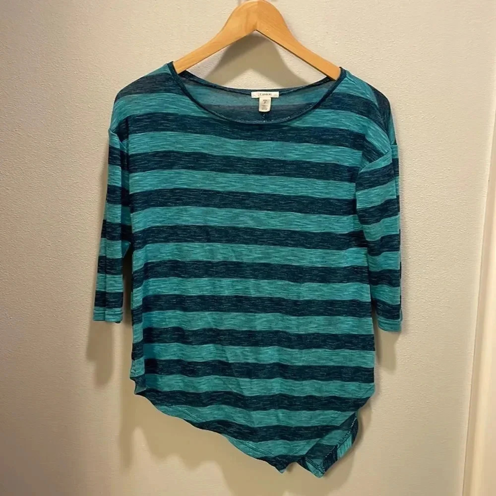 Caslon woman’s blue and turquoise striped three quarter length shirt